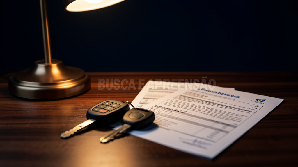 Documentos de veículo e notificação judicial sobre busca e apreensão sobre mesa
